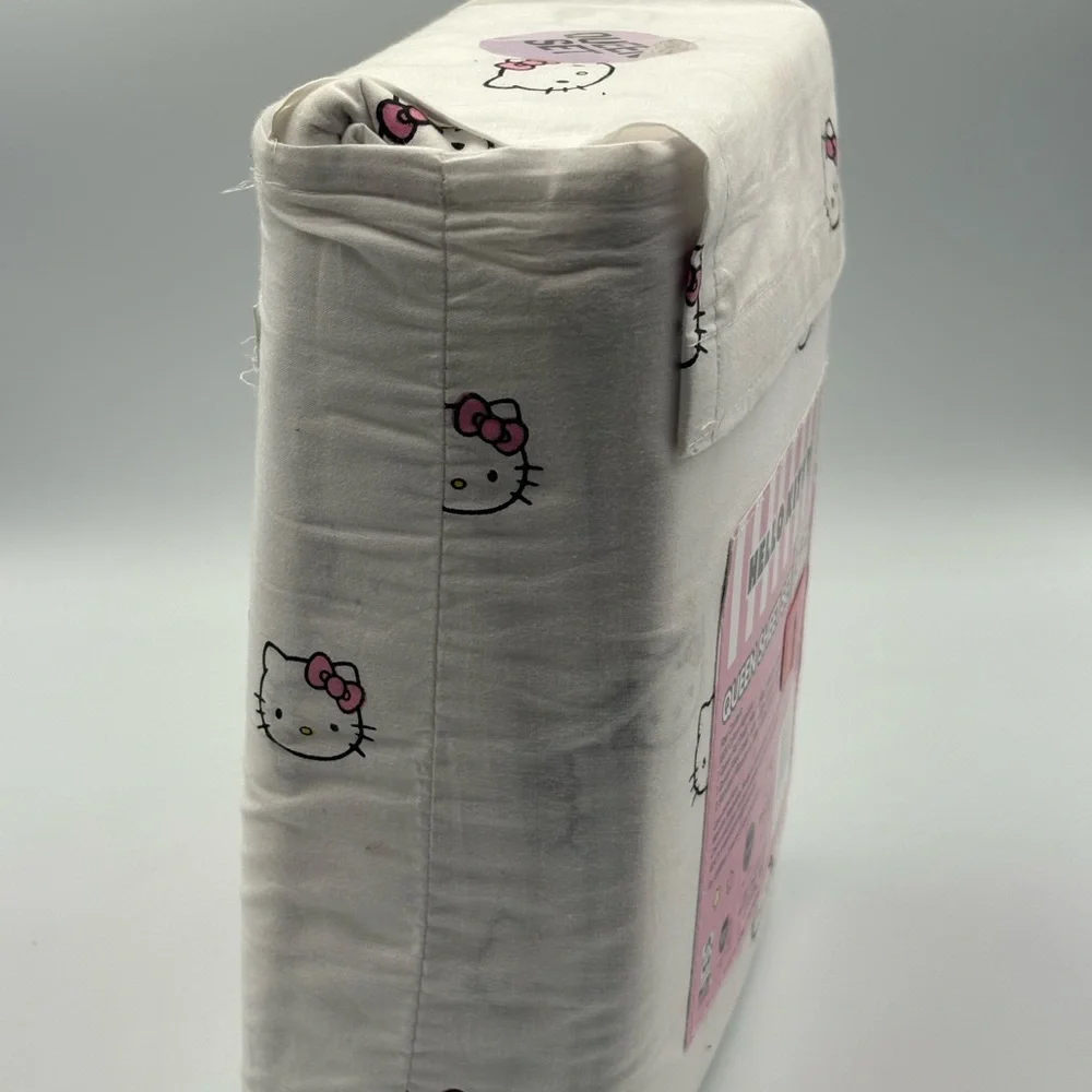 Hello Kitty White Queen Sheet Set Pink Bows 100% Cotton 4pc NWT Sanrio - Picture 4 of 5